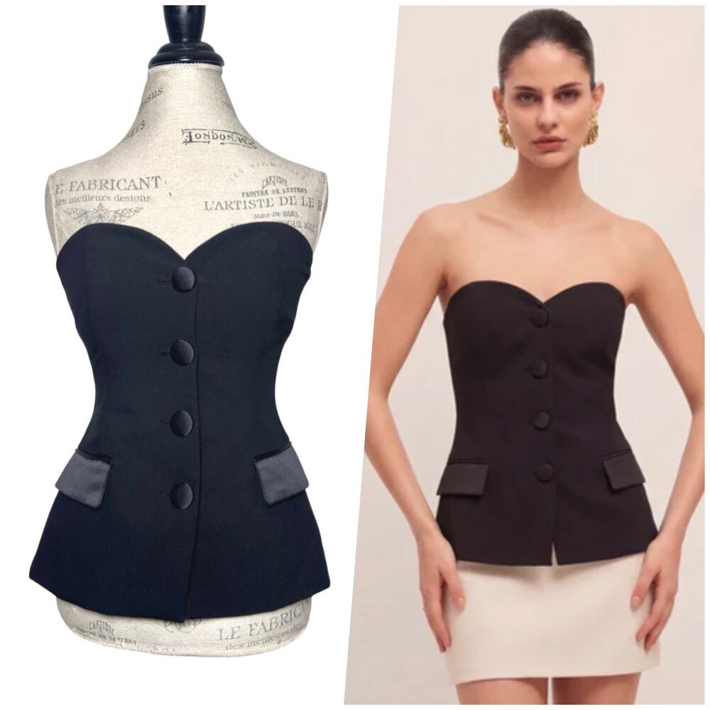 Zara | Women | Black Strapless Tuxedo Style Sweetheart Satin Bustier Top | Small